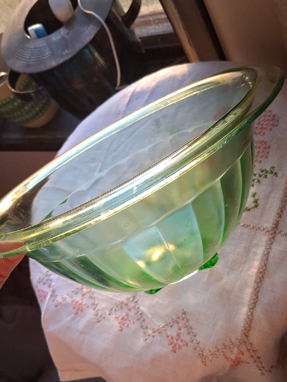 Vintage large Green Glass Mixing Bowl - Ribbed Design
